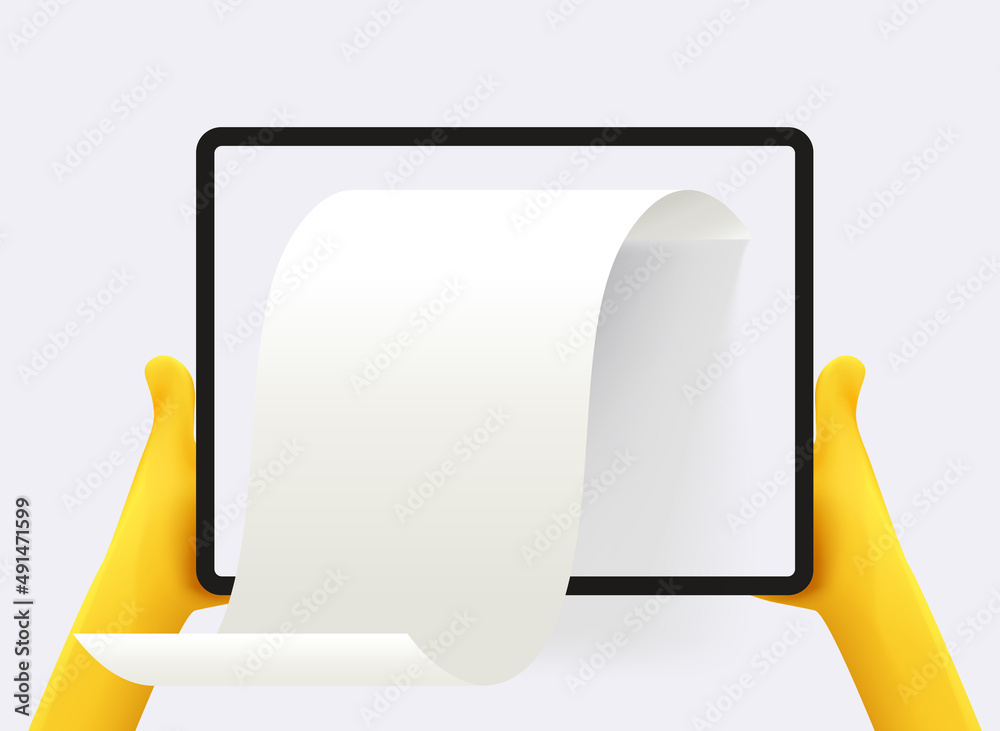 Leinwandbilder man holding tablet computer with paper report. 3d vector illustration