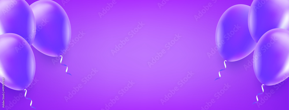 Poster wide header with violet air balloons. 3d vector landscape orientation banner with copy space