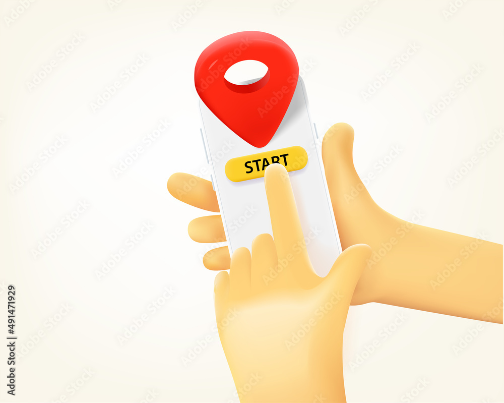 Poster Man using navigation application via mobile phone. 3d vector illustration