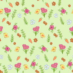 Seamless Repeat Vector Pattern with flowers butterflies chicks and bees. Cute Illustration for springtime holidays.