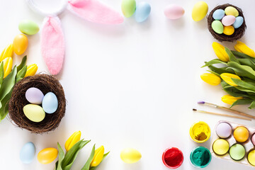 Stylish background with colorful easter eggs isolated on white background with yellow tulip flowers. Flat lay, top view, mockup, overhead, template