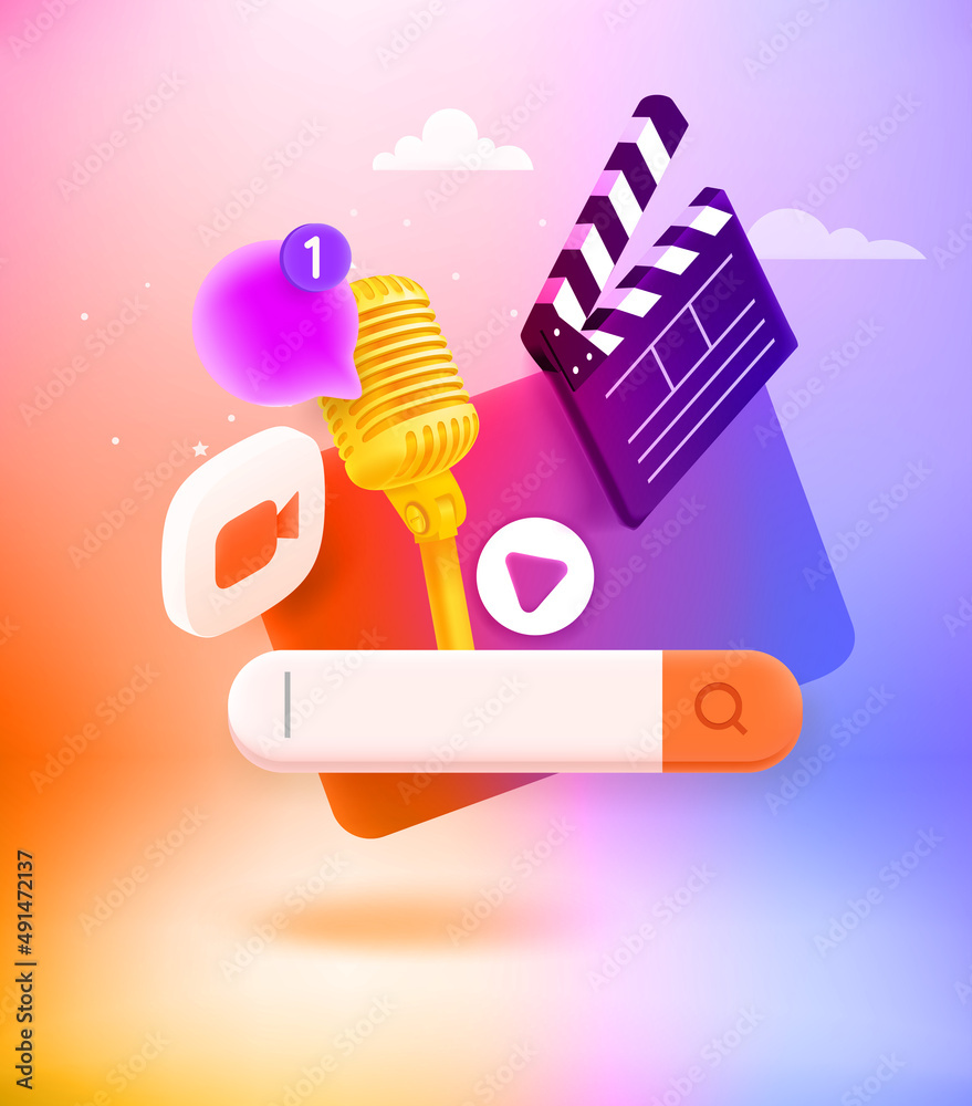 Fototapete searching video project. 3d vector vertical banner with copy space