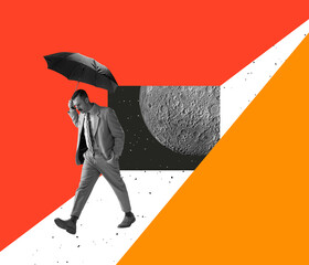 Contemporary art collage, Businessman in official clothes walking under umbrella, thinking about...