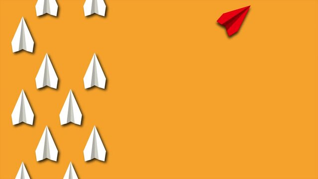 Think differently concept. Red paper plane changes direction. Yellow background.