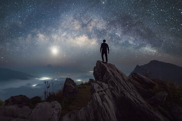 Portrait of man, a tourist, travel at Doi Tung, Chiang Rai, Thailand with mountain hills, the milky way in galaxy with stars at night. Universe space landscape background. People lifestyle. - obrazy, fototapety, plakaty