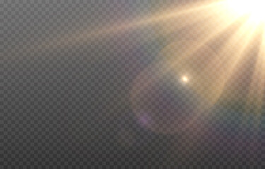 Vector golden light with glare. Sun, sun rays, dawn, glare from the sun png. Gold flare png, glare from flare png.