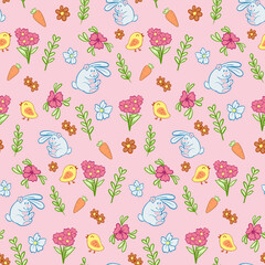 Seamless Repeat Vector Pattern with Easter Bunny flowers butterflies bees and Easter eggs. Cute Illustration for springtime holidays.