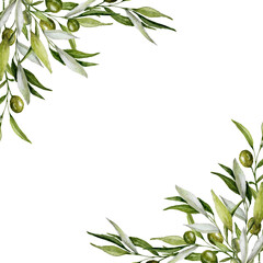 Floral Split Corner, Watercolor Floral Border with Olive branches, Green Olive Frame, Olive Berries and Branches Border, Hand painted Exotic illustration on white background