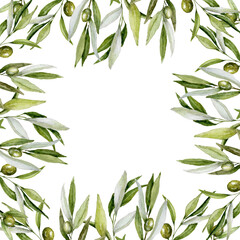 Obraz premium Green Olive Square Frame, Watercolor Floral Rectangle Frame with Olive branches, Olive Berries and Branches Border, Hand painted Exotic illustration on white background