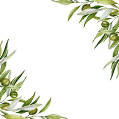Floral Split Corner, Green Olive Frame, Watercolor Floral Border with Olive branches, Olive Berries and Branches Border, Hand painted Exotic illustration on white background