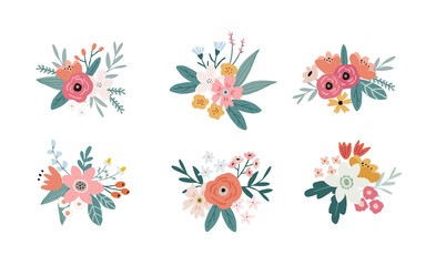 Set of springtime, summer bouquets made of tulips, roses, narcissus flowers and leaves. Floral decoration. Isolated vector objects., flat design. For wedding, birthday cards, invitations, web banners.