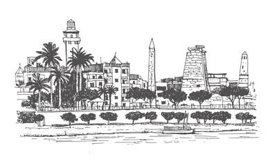 Panorama sketch illustration. Travel sketch of Luxor, Egypt. Liner sketches architecture. Freehand drawing. Line art drawing with a pen on paper. Urban sketch in black color on white background.