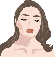 Face of a pretty girl looking down its dense eyelashes and her brown hair shows on her shoulder