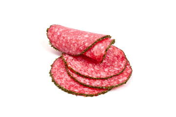 Salami sausage slices, isolated on white background. High resolution image.