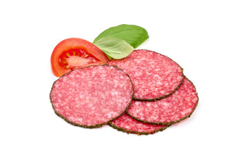 Salami sausage slices, isolated on white background. High resolution image.