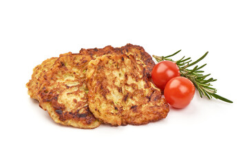 Fried zucchini pancakes, isolated on white background.