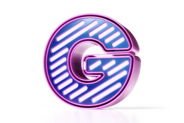 3D Cyberpunk font. Glowing letter G in pink and blue on white background. High quality 3D rendering.