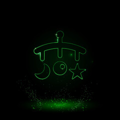 A large green outline baby mobile on the center. Green Neon style. Neon color with shiny stars. Vector illustration on black background