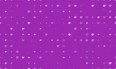 Seamless background pattern of evenly spaced white digital tech symbols of different sizes and opacity. Vector illustration on purple background with stars