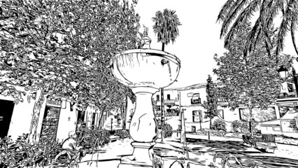 Building view with landmark of Mijas is the 
municipality in Spain. Hand drawn sketch illustration in vector. - obrazy, fototapety, plakaty