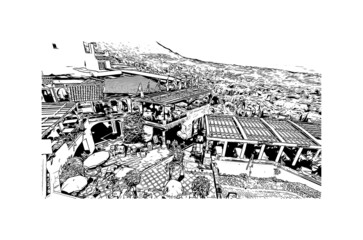 Building view with landmark of Mijas is the 
municipality in Spain. Hand drawn sketch illustration in vector.