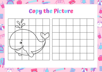 Copy the picture. Cute whale. Drawing activity for kids. Educational game for preschool children. Vector Illustration.  © vectorforjoy