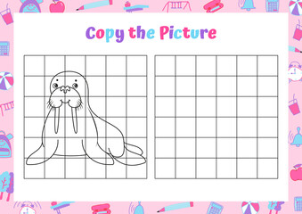 Copy the picture. Cute walrus. Drawing activity for kids. Educational game for preschool children. Vector Illustration. 