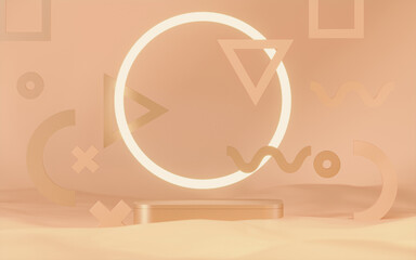 Coral pink geometric with podium background. Fluid shapes composition.Cool Greek Apollo Head. Abstract 3d rendering of geometric shapes. Peach Fuzz is color trend of the Year 2024. 