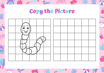 Copy the picture. Cute worm. Drawing activity for kids. Educational game for preschool children. Vector Illustration. 