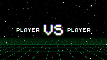Versus sign with arcade game style with pixel letters over synthwave landscape. 80s styled VS emblem for competition poster. © swillklitch