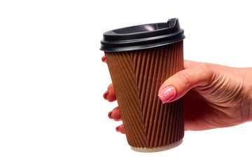 Girl holding a paper cup with a lid for coffee or tea on a white background