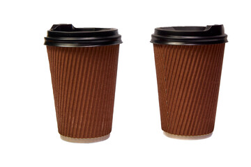 Two disposable paper cups with a lid for coffee or tea on a white background