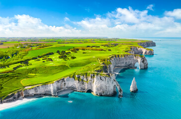 Aerial view of the beautiful cliffs of Etretat. Normandy, France, La Manche or English Channel - obrazy, fototapety, plakaty