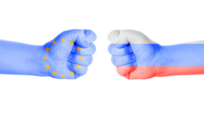 EU vs russia conflict symbolized by two fists painted with flags