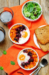 Beet Sweet potato baked eggs in a bowl