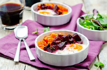 Beet Sweet potato baked eggs in a bowl