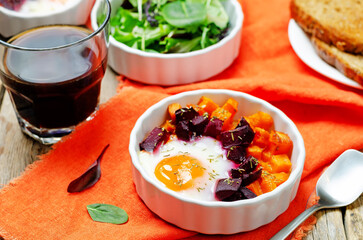 Beet Sweet potato baked eggs in a bowl