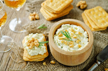 Blue cheese spread with walnuts in a bowl