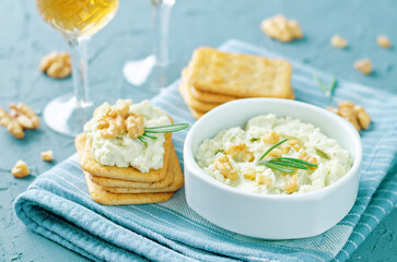 Blue cheese spread with walnuts in a bowl
