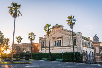 Vittorio Emanuele Park at Sunset and the Caltagirone Public Theater, Catania, Sicily, Italy, Europe, World Heritage Site