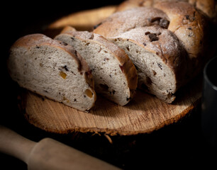 Freshly baked homemade artisan sourdough rye and white flour bread. Sliced. Top view. Close up.