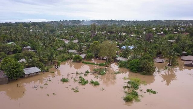 Aerial overhead flooded village in poor country after a monsoon.