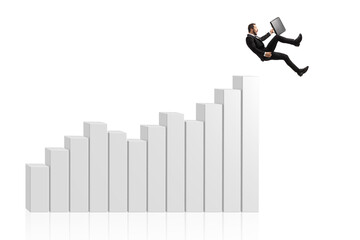 Businessman holding a briefcase and falling from a bar chart diagram