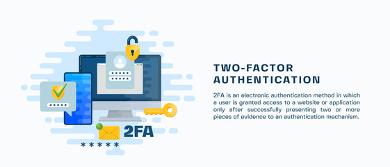 Two factor autentication security illustration banner Login confirmation notification with password code message envelope. Smartphone, mobile phone and computer app account shield lock icons. Isolated