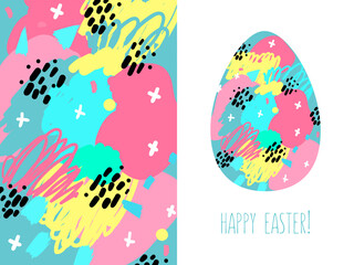 Happy Easter Set of greeting card with egg, lettering, hand drawing abstract ornament