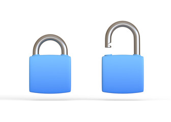 Blue locked and unlocked padlocks isolated on a white background. Security concept. 3D rendering 3D illustration