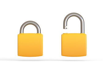 Yellow locked and unlocked padlocks isolated on a white background. Security concept. 3D rendering 3D illustration
