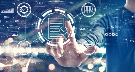 Compliance concept with a man on blurred city background