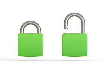 Green locked and unlocked padlocks isolated on a white background. Security concept. 3D rendering 3D illustration