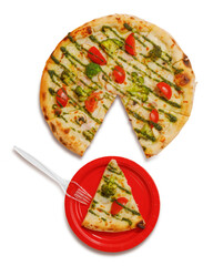 pizza with a slice cut off on a red plate. white background